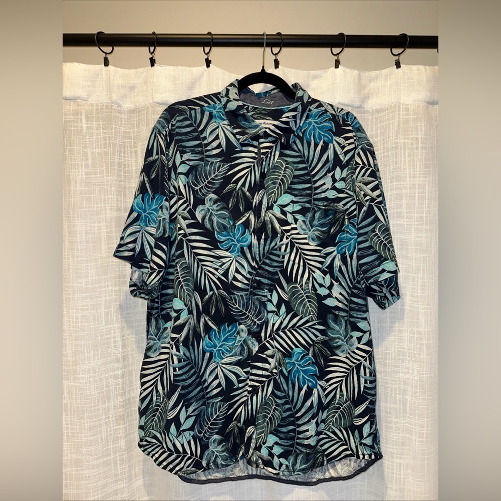 Tommy Bahama Mens XL 100% Silk Blue Green Lavish Leaves SS Button Up Ocean Deep